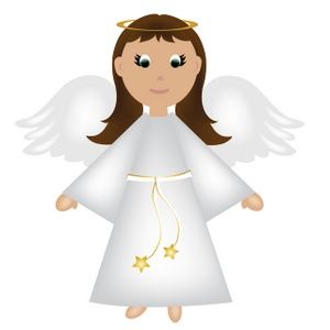 Cartoon angel with brown hair, white robe, golden halo, and star-adorned sash, wings spread gently.
