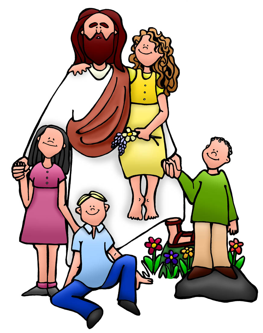 Jesus surrounded by smiling children in a garden, holding hands and flowers, conveying love and teaching.