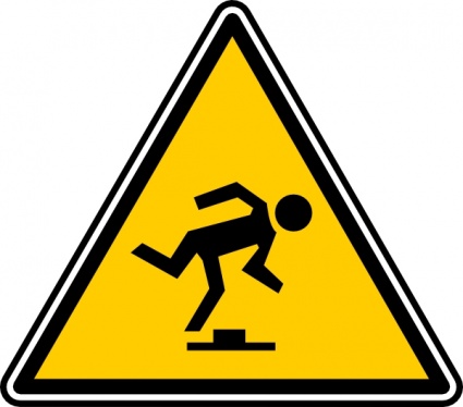Yellow triangular warning sign showing a person slipping on a wet surface, indicating slip hazard.