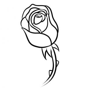 Black-and-white line drawing of a stylized rose with curled petals and slender stem.