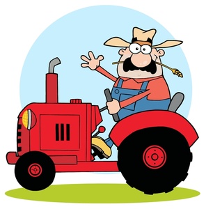 Cartoon farmer waving while driving a red tractor with straw hat and overalls.