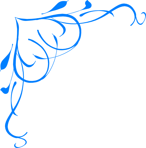 Blue ornamental flourish corner decoration with swirling vines, leaves, and heart-like motifs on white background.