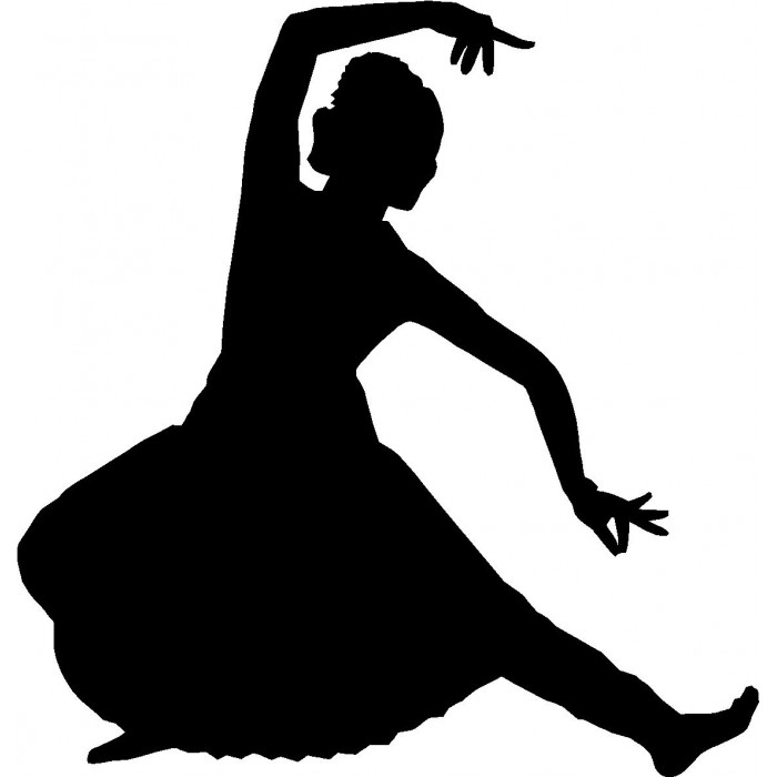Silhouette of a classical Indian dancer in graceful pose with flowing skirt and expressive hand gestures.