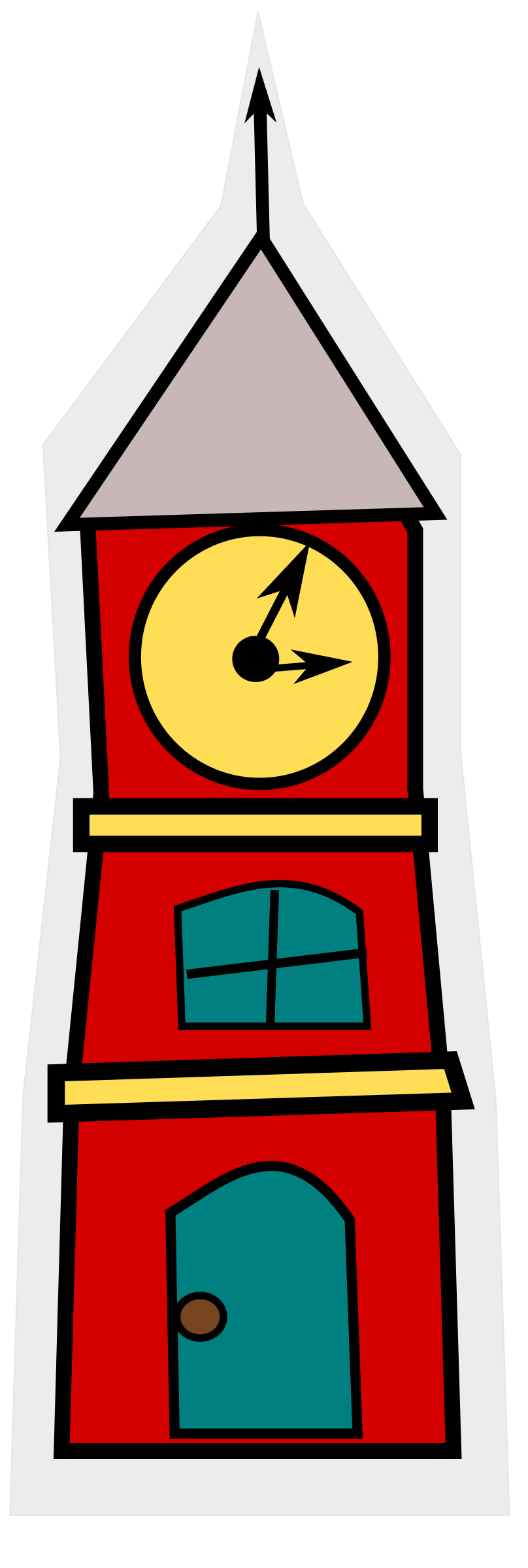 Stylized red clock tower with yellow clock face, teal door and window, and gray spire.