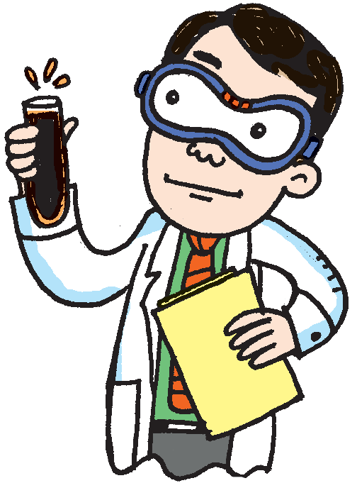 A cartoon scientist in a lab coat and goggles holds a bubbling test tube and a yellow notebook.
