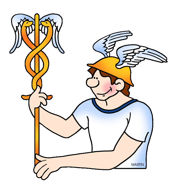 A cartoon figure wearing a winged helmet and holding a caduceus staff with two snakes and wings.