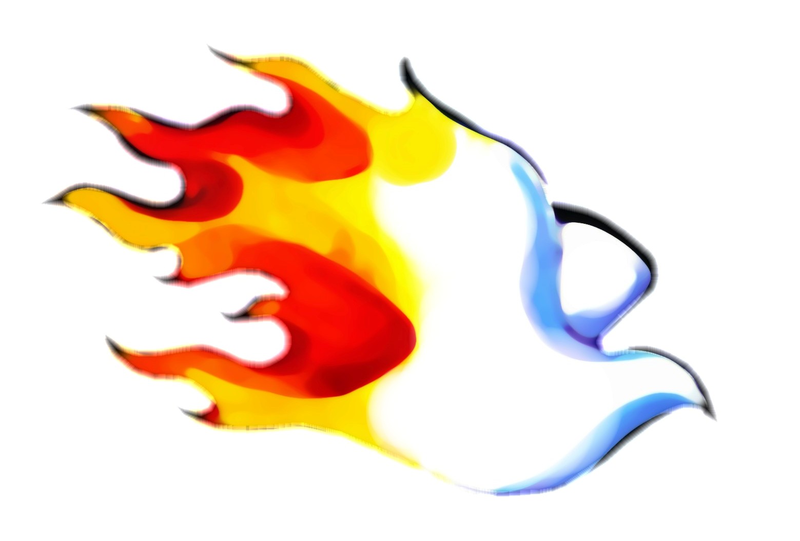 Stylized flame graphic with red, orange, yellow, and blue gradients forming a dynamic fire-and-ice motif on white background.