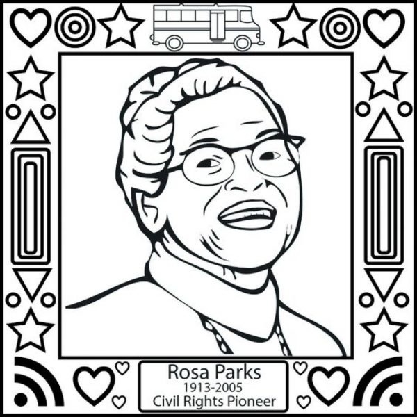 Black-and-white line art portrait of Rosa Parks with decorative border featuring stars, hearts, and a bus.