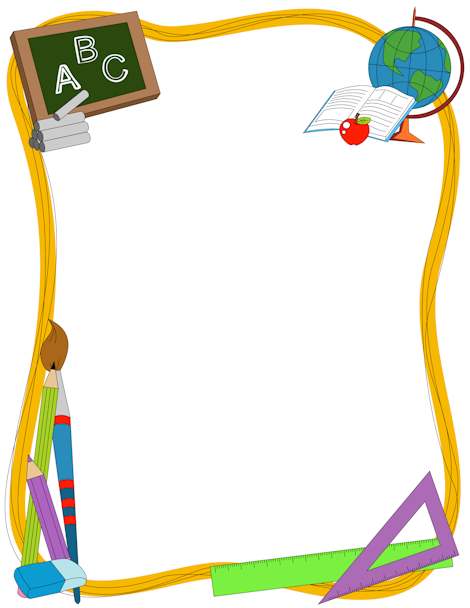 Colorful school-themed border with chalkboard, globe, books, pencils, ruler, and apple on yellow ribbon frame.