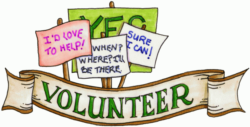 Hand-drawn illustration of colorful volunteer signs on sticks with a banner reading "VOLUNTEER" below.