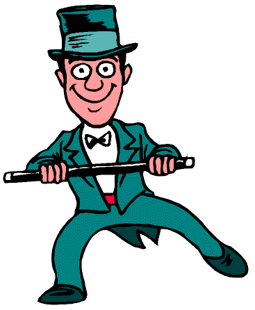 Cartoon magician in teal suit and top hat holding a wand, smiling confidently.