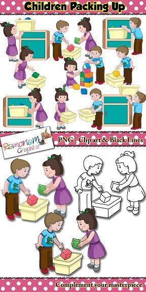 Children packing boxes with toys and books in colorful clip art illustrations, including black-and-white line versions.