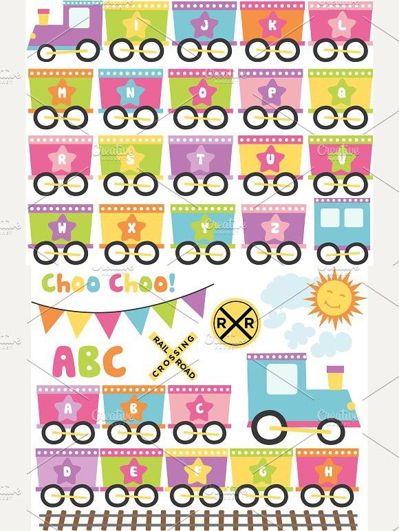 Colorful alphabet train clipart with letters A-Z on train cars, sun, railroad crossing sign, and "Choo Choo!" banner.