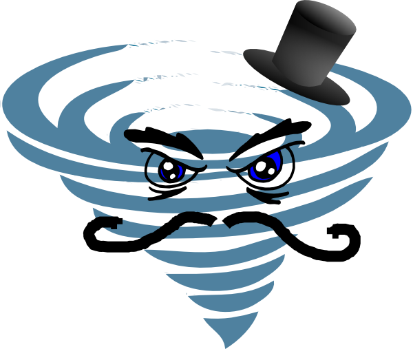 A cartoon tornado with angry blue eyes, a black mustache, and a top hat, swirling in blue and white stripes.