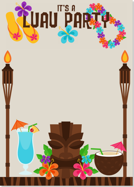 Tropical Luau Party invitation with tiki torches, cocktails, leis, flip-flops, and a tiki mask.