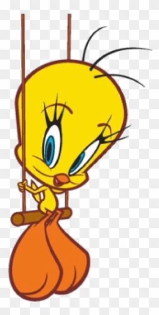 Tweety Bird swinging on a rope with a mischievous expression, yellow feathers, blue eyes, and orange feet.