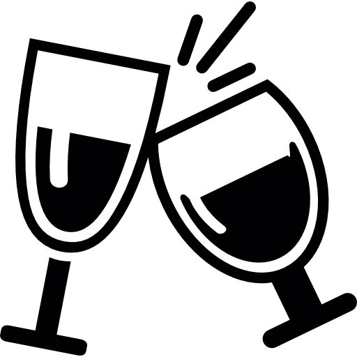 Two black silhouette wine glasses clinking in celebration, with dynamic splashes and a hand holding the stem.