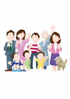 A diverse multi-generational family group posing together with a dog, smiling and waving in a cheerful illustration.