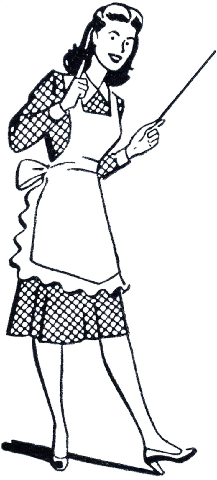 Vintage 1940s-50s illustration of a woman in polka-dot dress and apron, holding a pointer and smiling confidently.