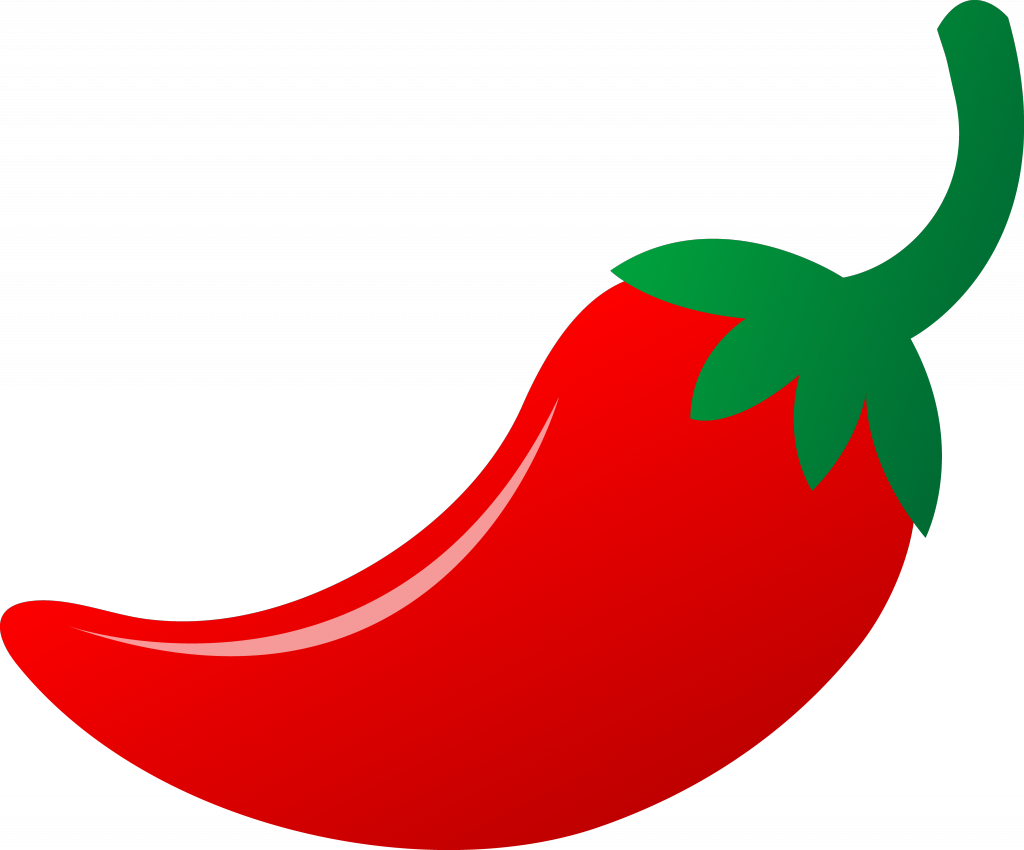 Vibrant red chili pepper with green stem and leaf, glossy surface, isolated on black background.