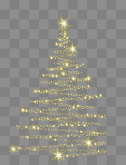 Glowing golden Christmas tree made of sparkling stars on transparent background.