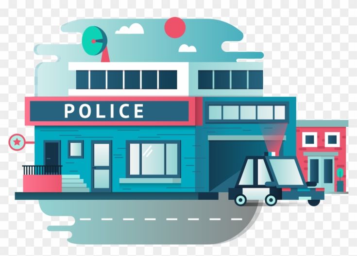Modern flat-style police station with patrol car, satellite dish, and red sun in sky.