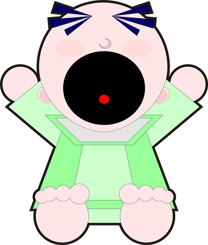 A cartoon baby with wide-open mouth, blue angry eyebrows, and green outfit, expressing loud crying or yelling.
