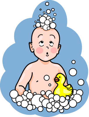 Baby taking a bubbly bath with a yellow rubber duck, smiling happily.