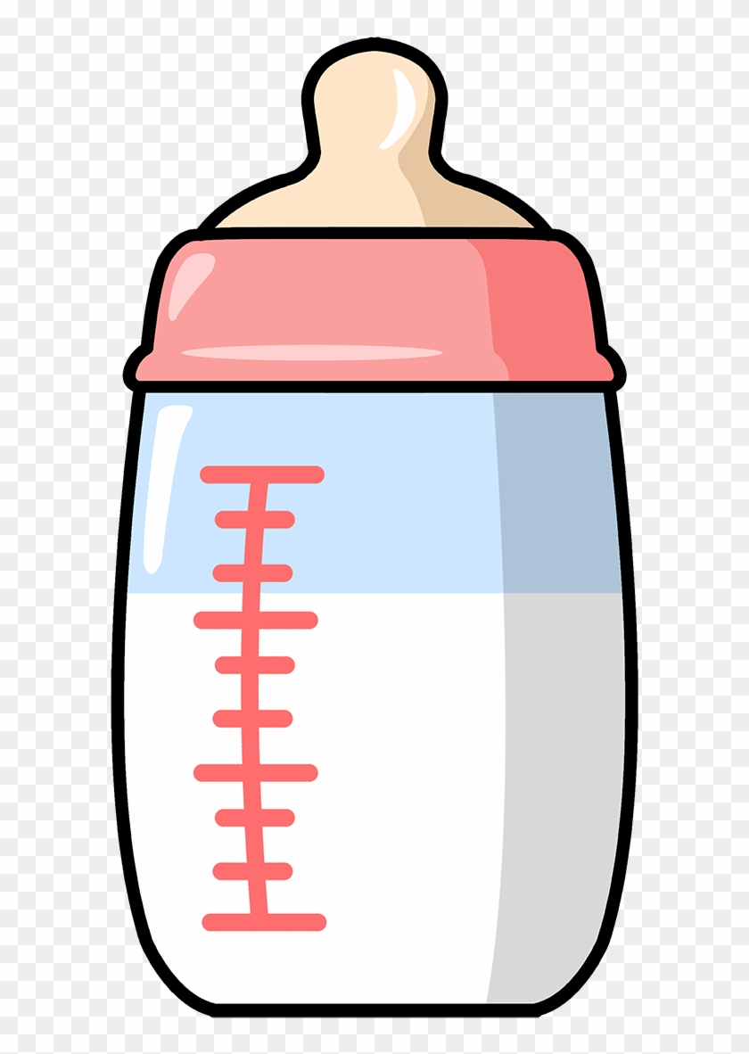 Illustration of a baby bottle with pink cap, milk level markings, and silicone nipple on transparent background.