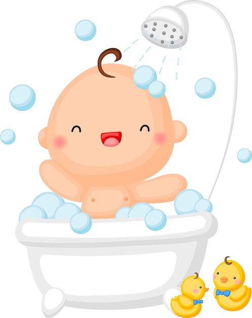 Happy baby smiling in a bathtub with bubbles, shower overhead, and two rubber ducks nearby.