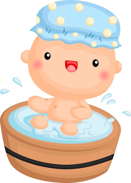 Cute cartoon baby wearing a blue polka-dot swim cap, happily bathing in a wooden tub with splashing water.