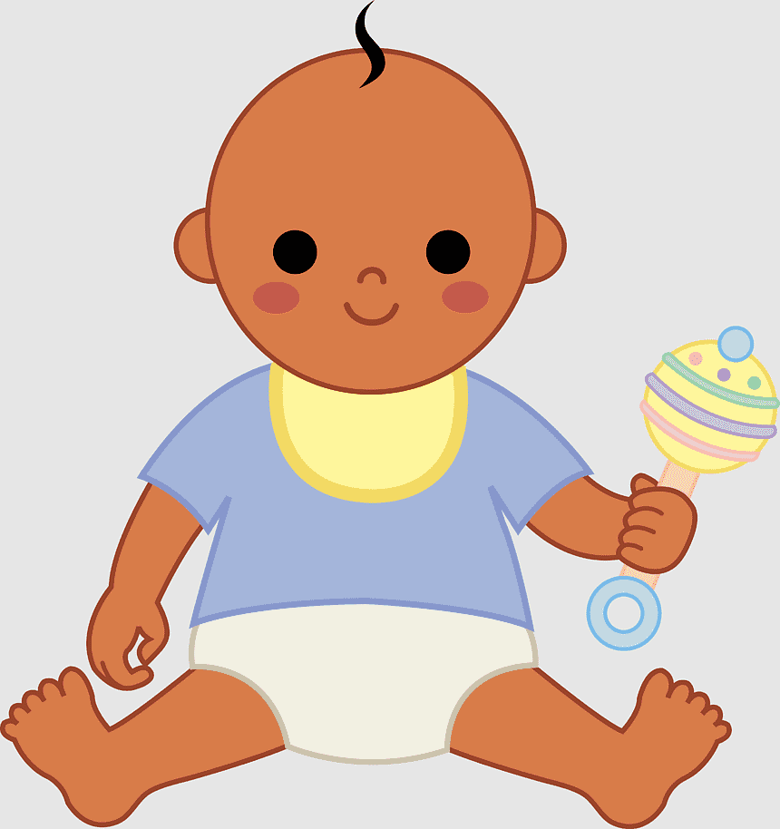 Smiling baby with dark skin, wearing blue shirt and yellow bib, holding colorful rattle while sitting.