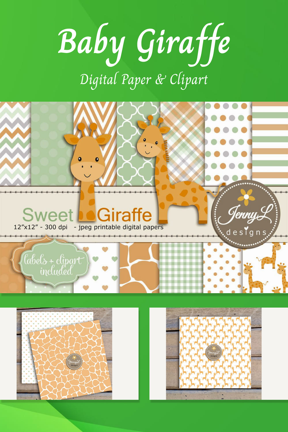 Baby giraffe digital paper pack with patterns, clipart, and labels by Jenny L Designs