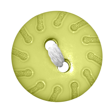 A pale yellow ceramic button with raised bone-shaped textures and white thread through its two holes.