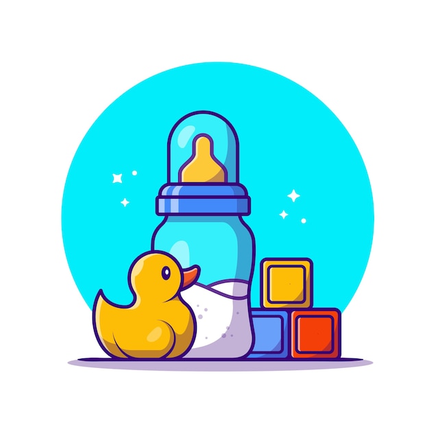 Baby Feeding Essentials - Bottle, Duck Toy & Blocks Illustration