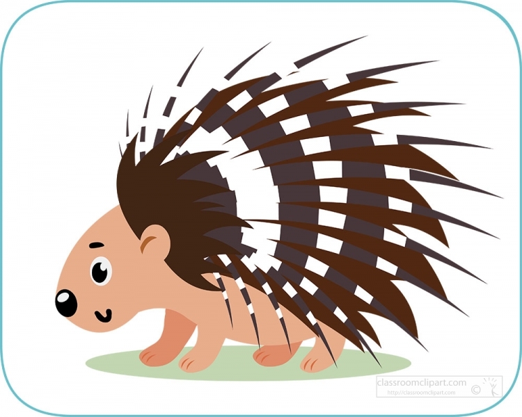 Cute cartoon porcupine with brown-and-white quills standing on green patch.