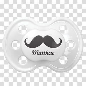 White personalized pacifier with black mustache graphic and name "Matthew" printed below.