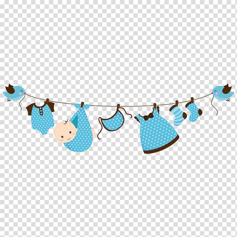 Blue polka-dot baby clothes and a smiling infant hanging on a clothesline with two birds, cartoon-style illustration.