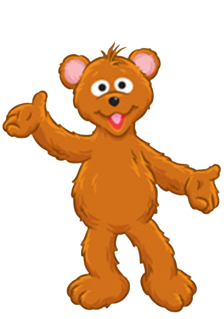 Friendly cartoon brown bear waving with a cheerful expression and open arms.