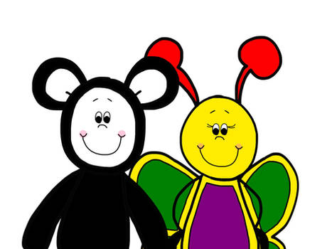 A cheerful black mouse character with pink cheeks stands beside a smiling yellow butterfly with green wings and red antennae.