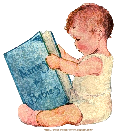 A baby in a white onesie sits cross-legged, holding and reading a blue book titled "Names for Babies".