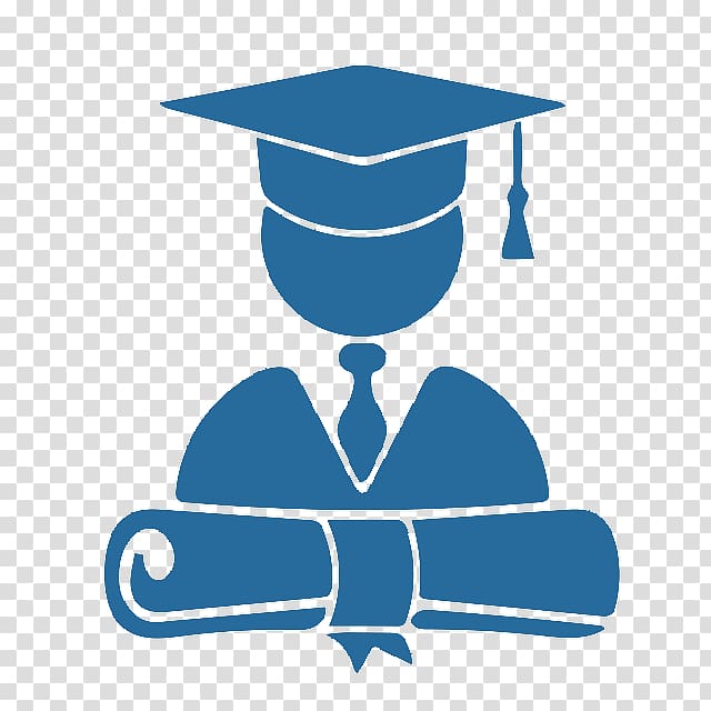 Blue graduation icon showing a graduate in cap and gown holding a diploma scroll.