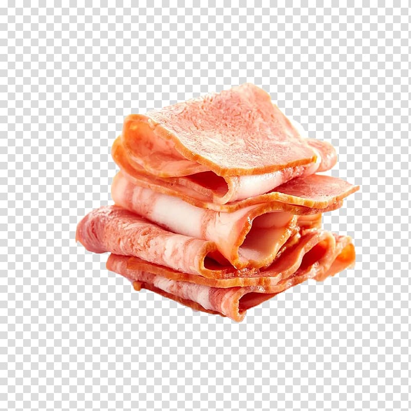 Stack of thinly sliced cured meat, likely prosciutto or ham, with visible marbling and pinkish hue on transparent background.