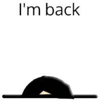 A black hat peeking over a line with the text "I'm back" above it on a brown background.
