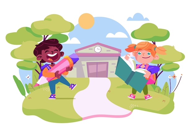 Two joyful children walking toward a school, one holding a giant pencil and the other reading a book, under a sunny sky.