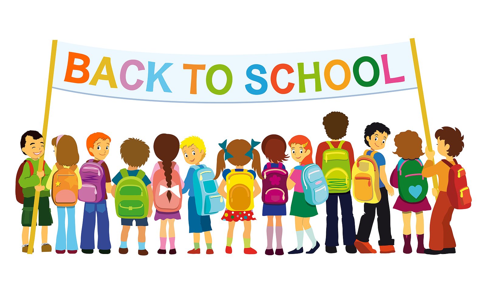 Diverse group of smiling children holding a colorful "BACK TO SCHOOL" banner, each wearing backpacks.