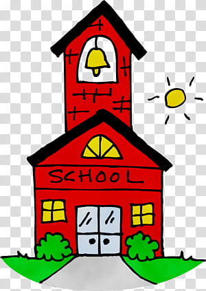 Colorful cartoon illustration of a red schoolhouse with bell tower, sun, and green bushes.