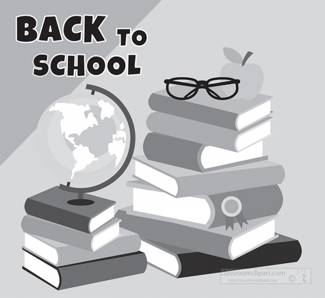 Back to school illustration with stacked books, globe, glasses, apple, and diploma.