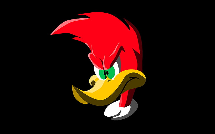 Angry red-headed cartoon woodpecker with green eyes and yellow beak against black background.