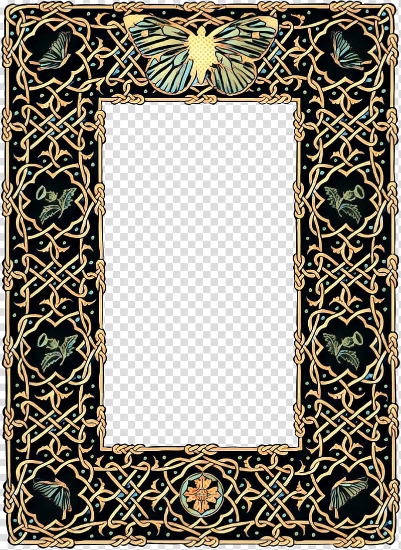 Ornate Celtic-style frame with gold knotwork, thistles, butterflies, and a central sunburst motif on black background.